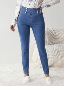 Quần Jeans Ôm Vừa Cạp Cao Khóa Kim Loại Thường Ngày Cho Nữ - Màu xanh lam - Xem 6