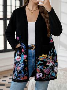 SHEIN LUNE Plus Size Floral Print Elegant Knitted Long Sleeve Cardigan - Black - View 3
