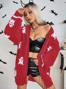 SHEIN Unity 女士冬季可爱鬼魂印花前开襟万圣节开衫 - 紅色 - 查看 1