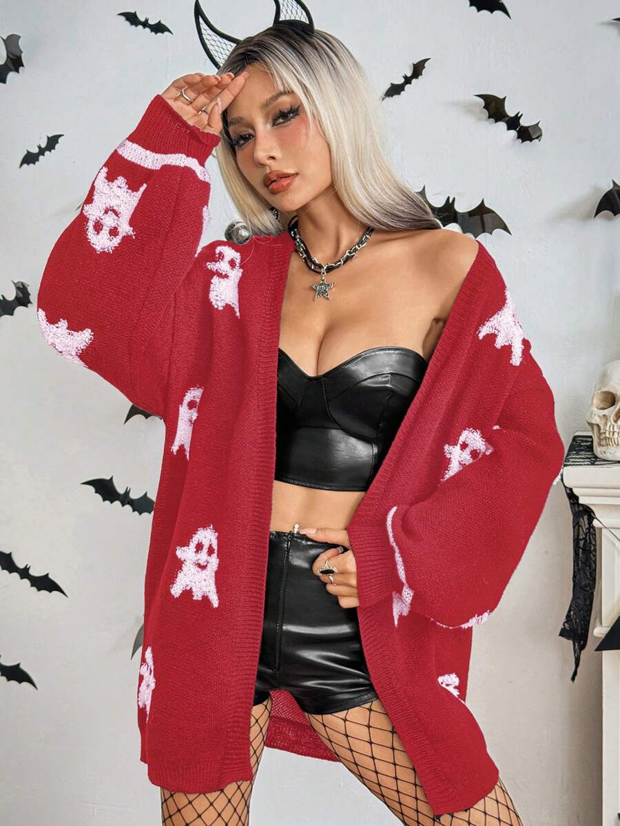 SHEIN Unity 女士冬季可爱鬼魂印花前开襟万圣节开衫 - 紅色 - 查看 1