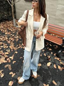 SHEIN EZwear Summer Outfits Lapel Neck Flap Detail Blazer - Apricot - View 6