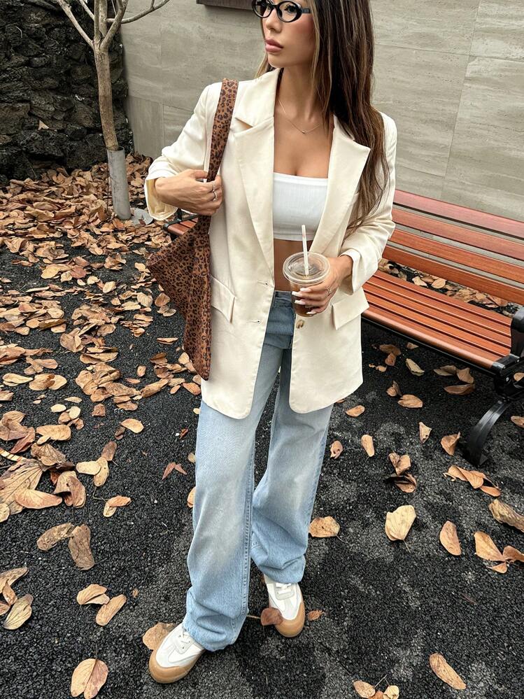 SHEIN EZwear Conjunto de verano Blazer con cuello de solapa y detalle de solapa - Albaricoque - Añade 6