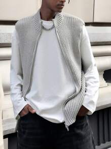 Manfinity Roghcode Áo vest dệt kim không tay có dây kéo thông thường dành cho nam giới - Xám - Xem 6
