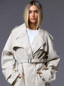 MUSERA PU Leather Lapel Collar Buckle Belted Trench Coat - Apricot - View 5