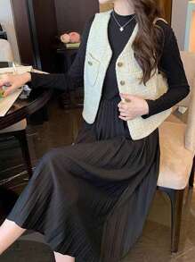 SHEIN Unity Áo khoác nữ cổ chữ V không tay màu trơn có túi thường ngày/làm việc - Màu be - Xem 5