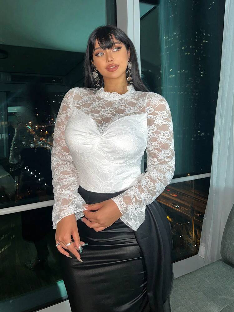 SHEIN Unity 大码复古宫廷风蕾丝长袖扭结浪漫蕾丝衬衫 - 米色 - 查看 6