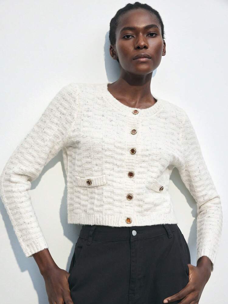 SHEIN Maija Women's Spring Metal Button Decor Crew Neck Solid Color Long Sleeve Casual Top With Faux Pocket, Simple Knit Sweater, Suitable For Daily Wear