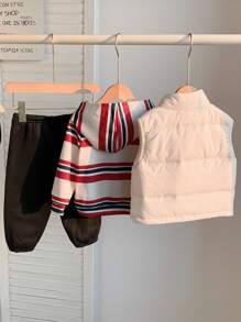 SHEIN 3pcs Set Baby Boy/Girl Autumn/Winter Warm White Fleece Jacket Vest Striped Hoodie Sweatshirt And Pants, Suitable For Outdoor, Skiing