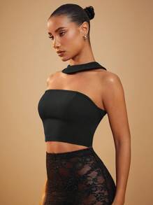 Hauture Top halter recortado y ajustado de unicolor a la moda - Negro - Ver 3