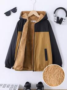 Tween Girls' Loose Casual Color Blocking Hooded Thermal Lined Thick Jacket - Khaki - View 1