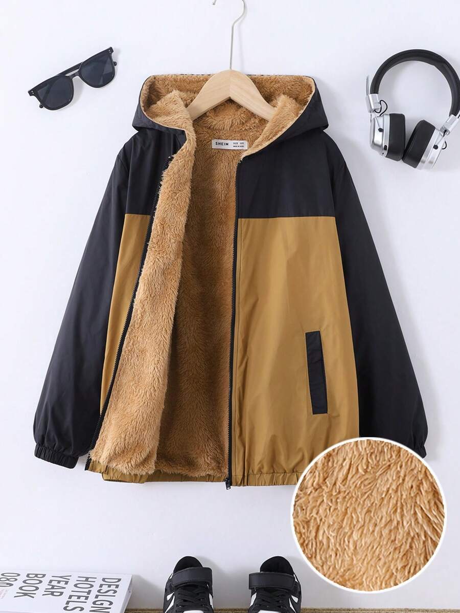 Tween Girls' Loose Casual Color Blocking Hooded Thermal Lined Thick Jacket - Khaki - View 1