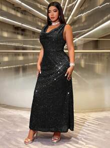 SHEIN Belle 加大码优雅闪亮围脖领无袖连衣裙，秋季节日派对服装超长亮片女装 - 黑色 - 查看 6