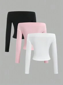 Sweetra Casual Solid Color Off Shoulder Gathered Fitted Blouse, Autumn - Multicolor - View 2