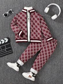 SHEIN Bộ áo len cardigan in chữ thanh lịch dành cho bé trai ngoài trời - Màu Đỏ Sâu - Xem 7