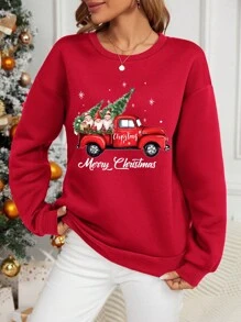 SHEIN LUNE Áo nỉ dày in hình xe tải Giáng sinh tối giản và vẽ tay cỡ lớn dành cho nữ vào mùa thu/đông - Đỏ - Xem 3