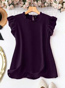 Rometta Plus Size Women's Summer Solid Color Frill Trim Round Neck Cap Sleeve Casual Blouse - Purple - View 1