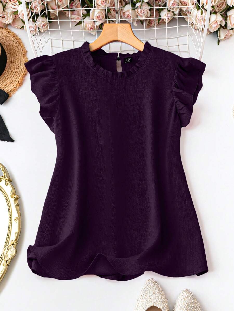 Rometta Plus Size Women's Summer Solid Color Frill Trim Round Neck Cap Sleeve Casual Blouse - Purple - View 1