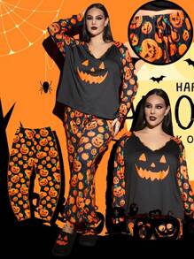 SHEIN SXY Комплект із 2 предметів одягу на Хелловін для жінок великих розмірів, топ і штани з V-подібним вирізом, рукавами реглан і принтом гарбузів та кажанів - Помаранчевий - Переглянути 1