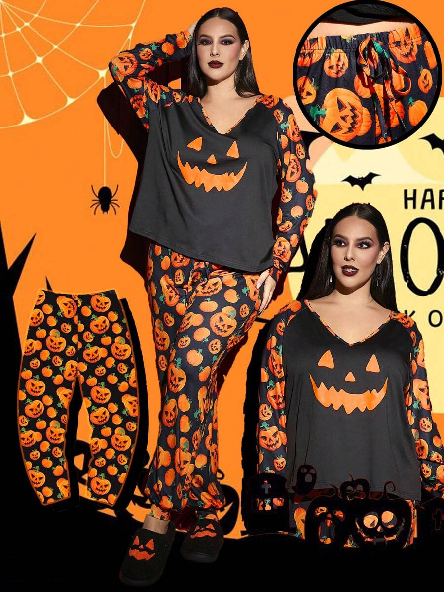 SHEIN SXY Комплект із 2 предметів одягу на Хелловін для жінок великих розмірів, топ і штани з V-подібним вирізом, рукавами реглан і принтом гарбузів та кажанів - Помаранчевий - Переглянути 1