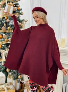 SHEIN Maternity High-Neck Batwing Sleeve Solid Color Casual Sweater - Burgundy - View 4