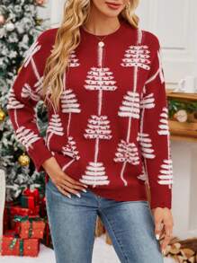 SHEIN Unity Women's Christmas Pattern Oversized Pullover Sweater, Sweet & Youthful, Knit Pullover Fall Winter - Red - View 3