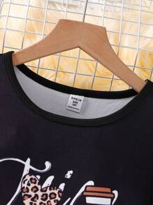 Girls Leopard Print, English Letter & Coffee Cup Graphic Snug Fit Pants, Animal Pattern Homewear - Multicolor - View 4