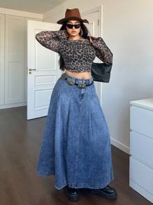 SHEIN ICON 大码蓝色休闲宽松 A 字牛仔裙 复古牛仔万圣节服装 复古优雅女式高腰休闲 A 字喇叭裙 返校节外出裙 圣诞服装 秋季裙 秋装 感恩节裙 栗色裙 秋季长裙 冬裙 冬季女装 - 藍色 - 查看 4