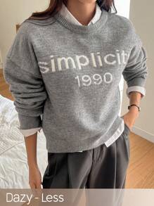 Dazy-Less 1 件女士休闲字母图案落肩宽松套头毛衣，不含衬衫，秋季服装