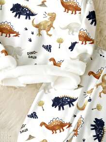 SHEIN 男婴休闲可爱卡通恐龙印花修身长袖圆领睡衣裤套装，适合秋冬季穿着