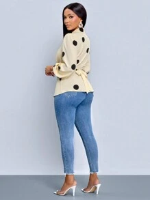 SOLERSUN 女士冬装 杏色 黑色 波尔卡圆点 女士冬季衬衫 衬衫领子 正面中央纽扣 褶饰灯笼袖 环绕式领带衬衫 - 杏色 - 查看 2