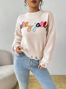 SHEIN Unity Sweater Rajut Kasual Wanita Lengan Panjang Leher Bulat dengan Motif Huruf dan Patchwork, Atasan Rajut Lengan Panjang untuk Musim Gugur dan Musim Dingin - Aprikot - View 8