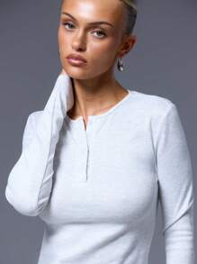 MUSERA 长袖半扣上衣，休闲度假机场休闲可爱返校季，优雅春夏款 - 淺灰色 - 查看 5