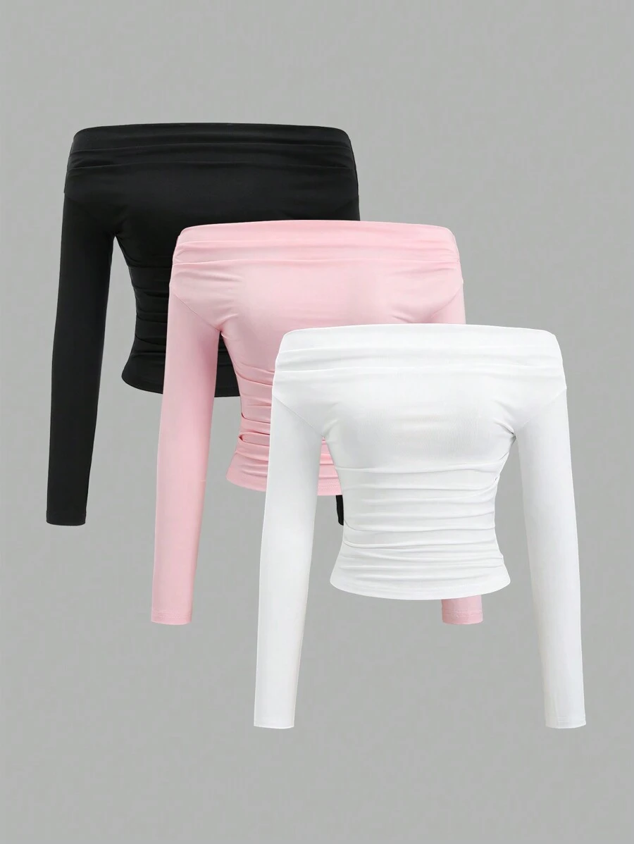 Sweetra Casual Solid Color Off Shoulder Gathered Fitted Blouse, Autumn - Multicolor - View 1