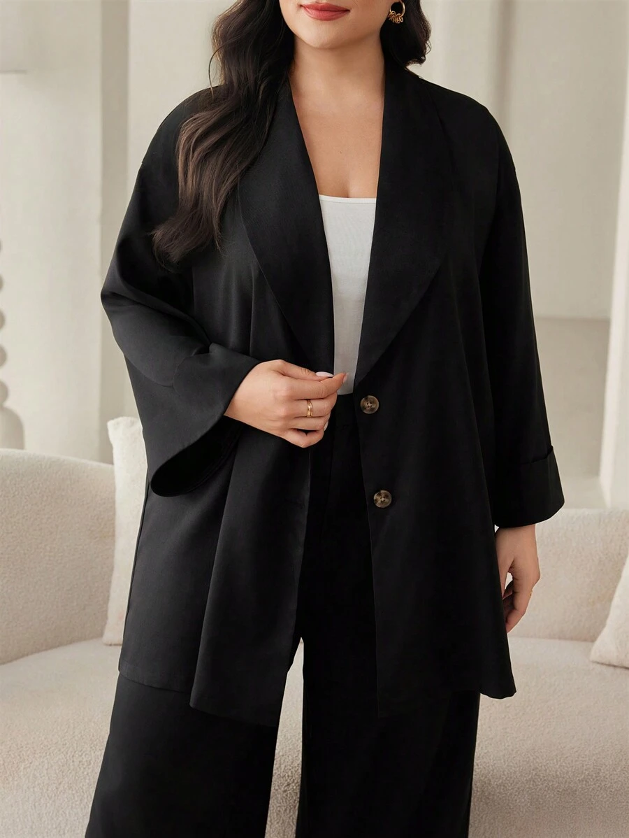 Mulvari Plus Size Solid Color Single Breasted Long Sleeve Blazer And Trousers Suit - Black - View 1
