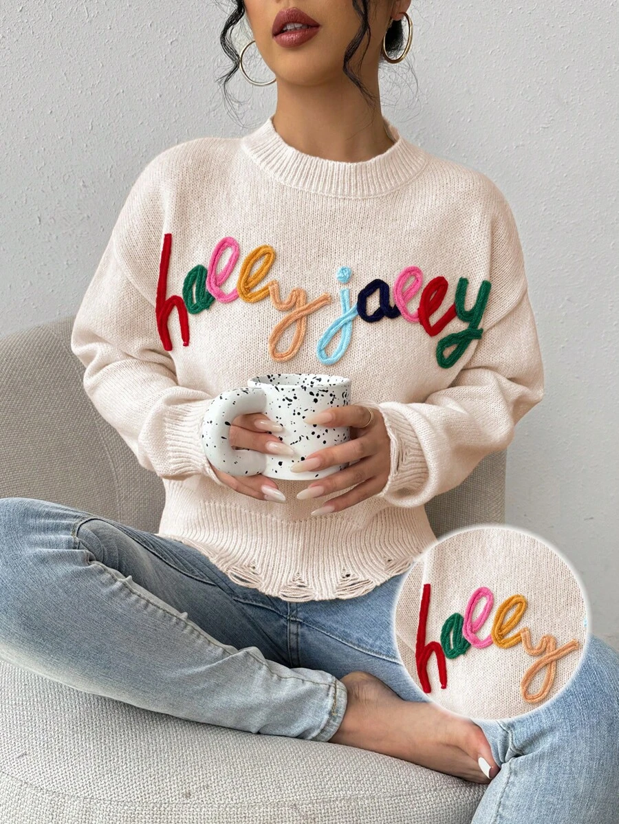 SHEIN Unity Sweater Rajut Kasual Wanita Lengan Panjang Leher Bulat dengan Motif Huruf dan Patchwork, Atasan Rajut Lengan Panjang untuk Musim Gugur dan Musim Dingin - Aprikot - View 1