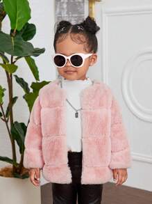 SHEIN 1pc Baby Girl Warm Fluffy Long Sleeve Coat, Pink, Autumn/Winter - Pink - View 1
