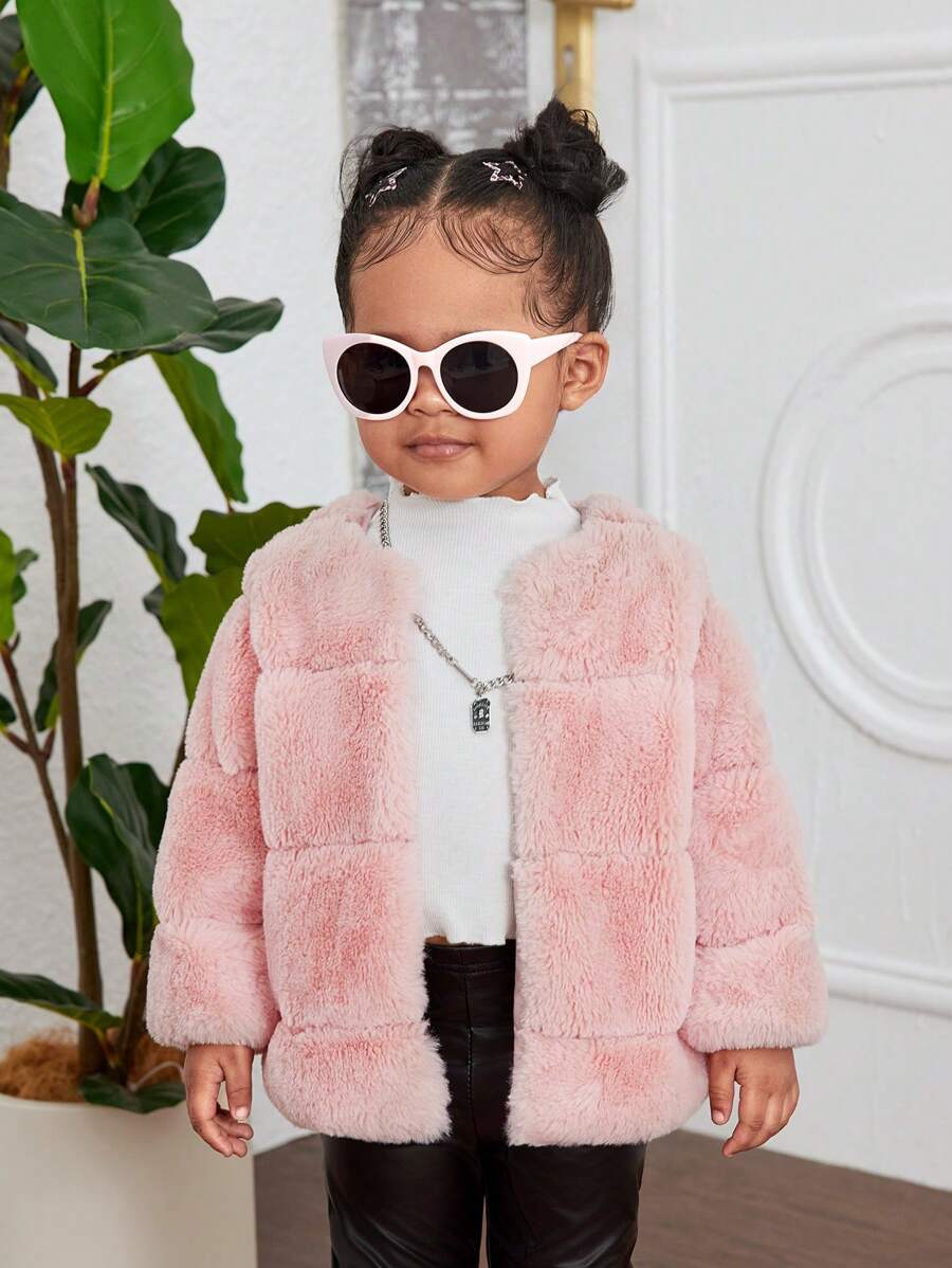 SHEIN 1pc Baby Girl Warm Fluffy Long Sleeve Coat, Pink, Autumn/Winter - Pink - View 1