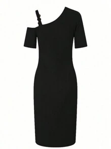 SHEIN Clasi 女士夏季純色不對稱領短袖修身優雅連衣裙，側面高開衩 - 黑色 - 查看 2