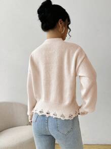 SHEIN Unity Sweater Rajut Kasual Wanita Lengan Panjang Leher Bulat dengan Motif Huruf dan Patchwork, Atasan Rajut Lengan Panjang untuk Musim Gugur dan Musim Dingin - Aprikot - View 2