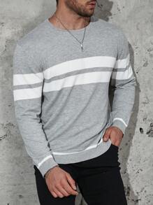 Manfinity Homme 大码男士条纹圆领休闲针织毛衣，秋冬款