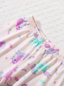 Young Girl' Light Peach Unicorn Allover Print Long Sleeve Nightgown & Round Neck Long Sleeve Pants Set, Flame Retardant Loungewear Suitable For Family Party And Photoshoot