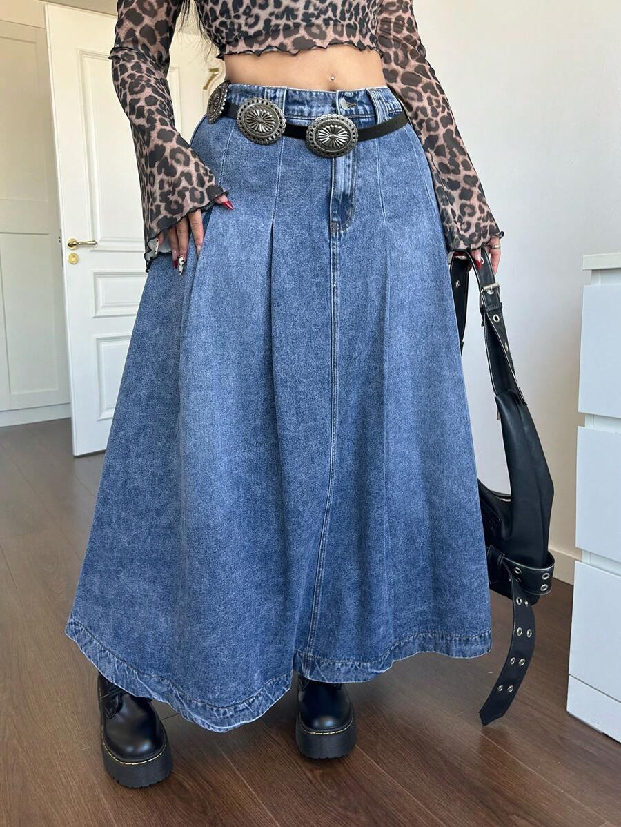 SHEIN ICON 大码蓝色休闲宽松 A 字牛仔裙 复古牛仔万圣节服装 复古优雅女式高腰休闲 A 字喇叭裙 返校节外出裙 圣诞服装 秋季裙 秋装 感恩节裙 栗色裙 秋季长裙 冬裙 冬季女装 - 藍色 - 查看 1