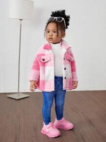 女婴毛绒格子翻领夹克，适合户外、秋冬季、圣诞节 - 粉色 - 查看 5