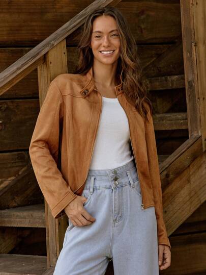  LanaWest 女士纯色前拉链短款休闲夹克，秋季