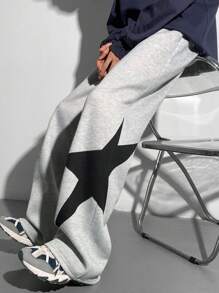 SHEIN 1 Stück lässige Sport-Streetwear, bequem und vielseitig, locker geschnitten, seitlich bedrucktes Stern-Muster, gerade geschnittene Lässig Hemd, Schulanfangs-Kleidung, Herbst und Winter - Hellgrau - Übersicht 5