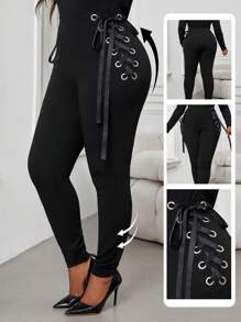 SHEIN Lady 秋冬优雅黑色针织系带长款大码打底裤 - 黑色 - 查看 1