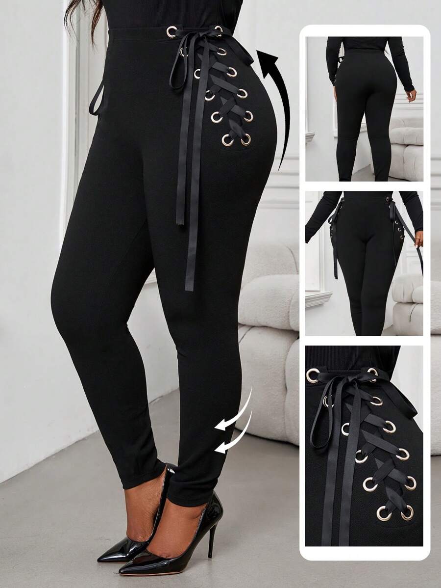 SHEIN Lady 秋冬优雅黑色针织系带长款大码打底裤 - 黑色 - 查看 1