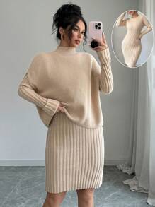 SHEIN Unity 2 件套纯色立领长袖毛衣和裙子休闲装 - 卡其色 - 查看 1