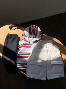 SHEIN 3pcs Set Baby Boy/Girl Autumn/Winter Warm White Fleece Jacket Vest Striped Hoodie Sweatshirt And Pants, Suitable For Outdoor, Skiing