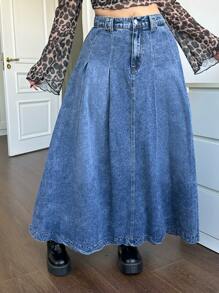 SHEIN ICON 大码蓝色休闲宽松 A 字牛仔裙 复古牛仔万圣节服装 复古优雅女式高腰休闲 A 字喇叭裙 返校节外出裙 圣诞服装 秋季裙 秋装 感恩节裙 栗色裙 秋季长裙 冬裙 冬季女装 - 藍色 - 查看 3